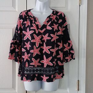 Crown & Ivy navy and pink starfish  bell sleeve tunic crochet accents  Sz MP